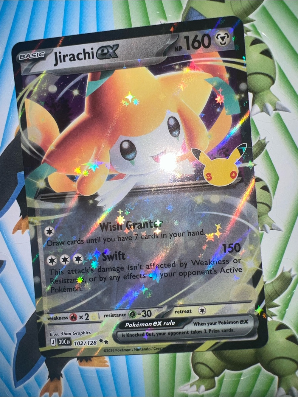 Pokemon Jirachi ex Holographic Card - Yellow, White, Silver